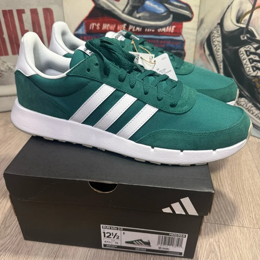 New adidas Run 60s 2.0 Collegiate Green Cloud White Metal Grey Sz 11.5,12.5